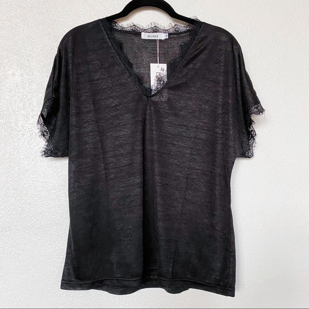 Belinda Semi-Sheer Lace Trim Black Tee Size Medium